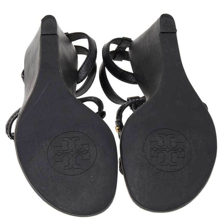 Pre Owned Tory Burch Black Leather Miller Logo Wedge Ankle Strap Sandals Size 38.5