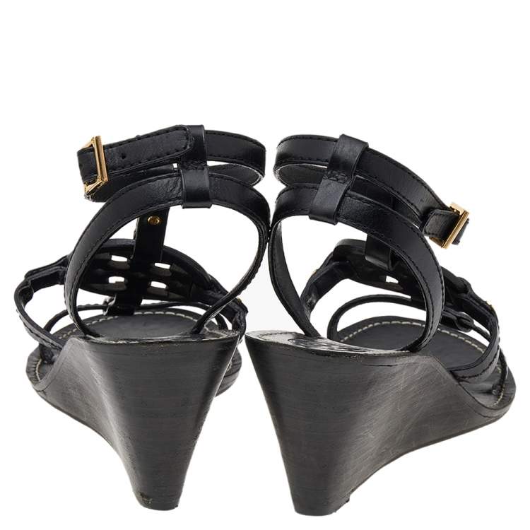 Pre Owned Tory Burch Black Leather Miller Logo Wedge Ankle Strap Sandals Size 38.5