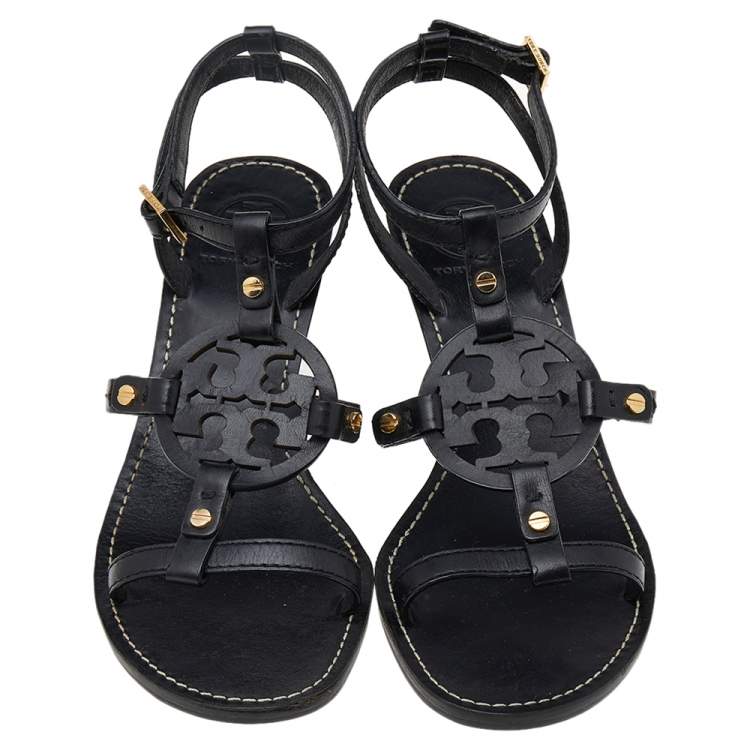 Pre Owned Tory Burch Black Leather Miller Logo Wedge Ankle Strap Sandals Size 38.5