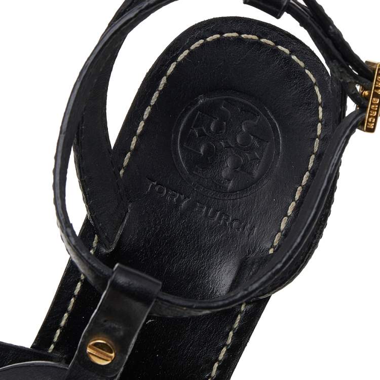 Pre Owned Tory Burch Black Leather Miller Logo Wedge Ankle Strap Sandals Size 38.5