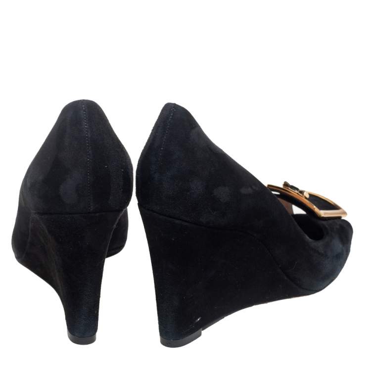 Pre Owned Tory Burch Black Suede Peep Toe Wedge Pumps Size 38