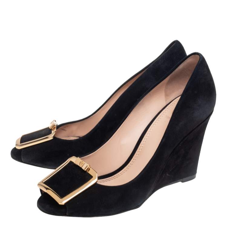 Pre Owned Tory Burch Black Suede Peep Toe Wedge Pumps Size 38