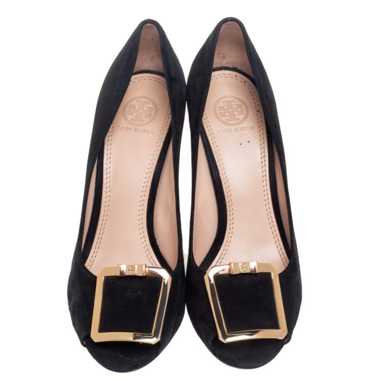 Pre Owned Tory Burch Black Suede Peep Toe Wedge Pumps Size 38
