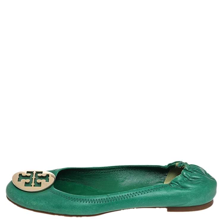 Pre Owned Tory Burch Green Leather Reva Scrunch Ballet Flats Size 38.5