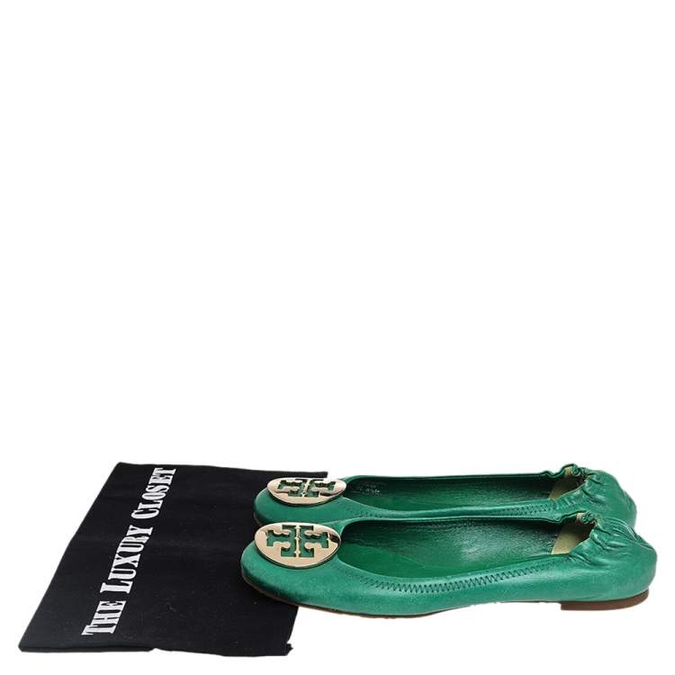 Pre Owned Tory Burch Green Leather Reva Scrunch Ballet Flats Size 38.5