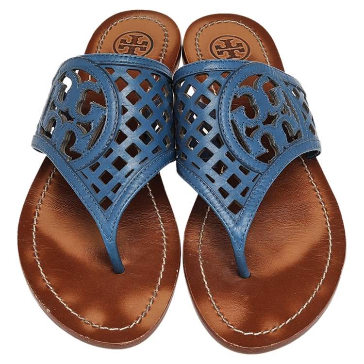 Pre Owned Tory Burch Blue Laser Cut Leather Thong Flats Sandals Size 38