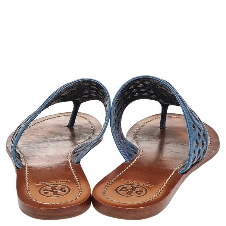 Pre Owned Tory Burch Blue Laser Cut Leather Thong Flats Sandals Size 38