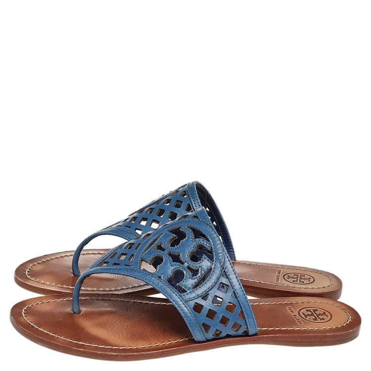 Pre Owned Tory Burch Blue Laser Cut Leather Thong Flats Sandals Size 38