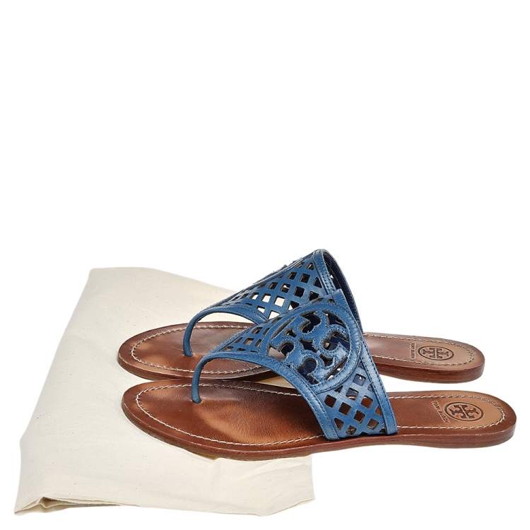 Pre Owned Tory Burch Blue Laser Cut Leather Thong Flats Sandals Size 38