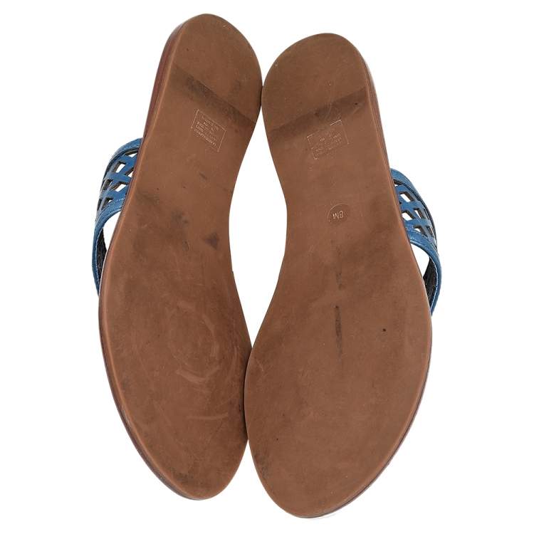 Pre Owned Tory Burch Blue Laser Cut Leather Thong Flats Sandals Size 38