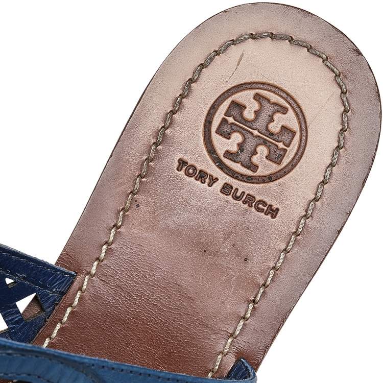 Pre Owned Tory Burch Blue Laser Cut Leather Thong Flats Sandals Size 38