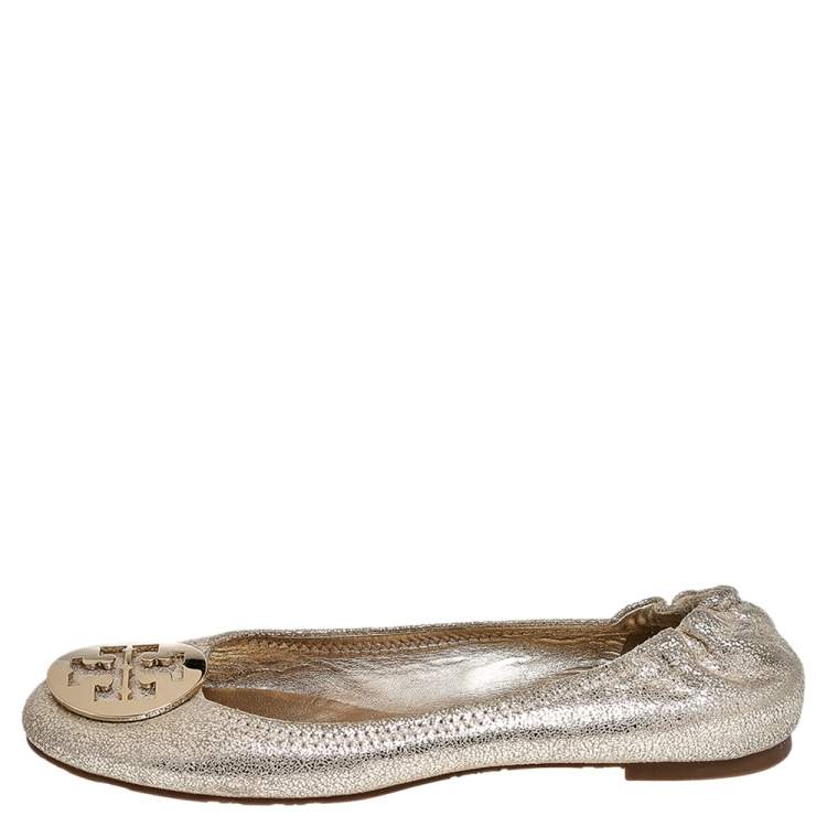 Pre Owned Tory Burch Gold Shimmery Suede Reva Scrunch Ballet Flats Size 38.5