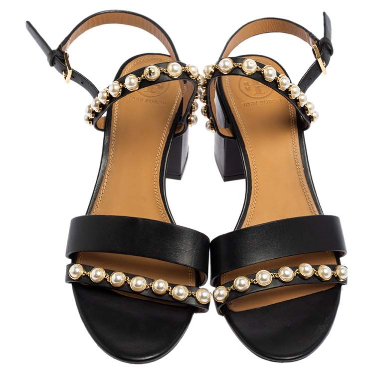 Pre Owned Tory Burch Black Leather Emmy Pearl Ankle Strap Sandals Size 39
