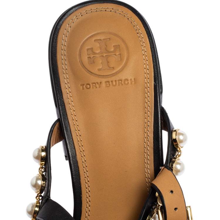 Pre Owned Tory Burch Black Leather Emmy Pearl Ankle Strap Sandals Size 39