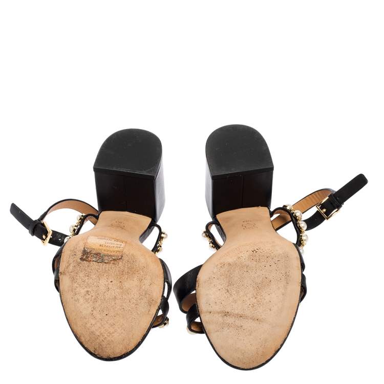Pre Owned Tory Burch Black Leather Emmy Pearl Ankle Strap Sandals Size 39