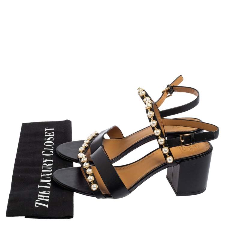 Pre Owned Tory Burch Black Leather Emmy Pearl Ankle Strap Sandals Size 39