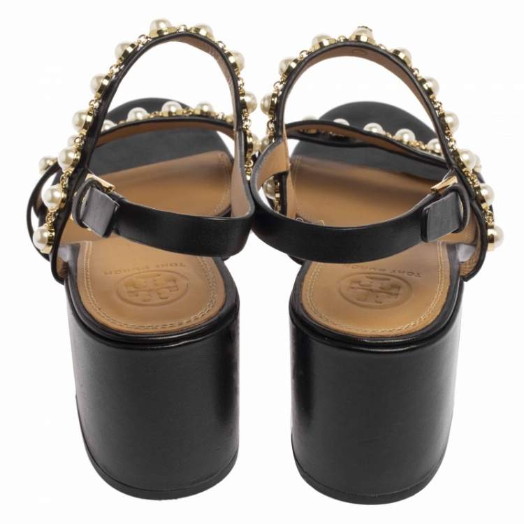 Pre Owned Tory Burch Black Leather Emmy Pearl Ankle Strap Sandals Size 39
