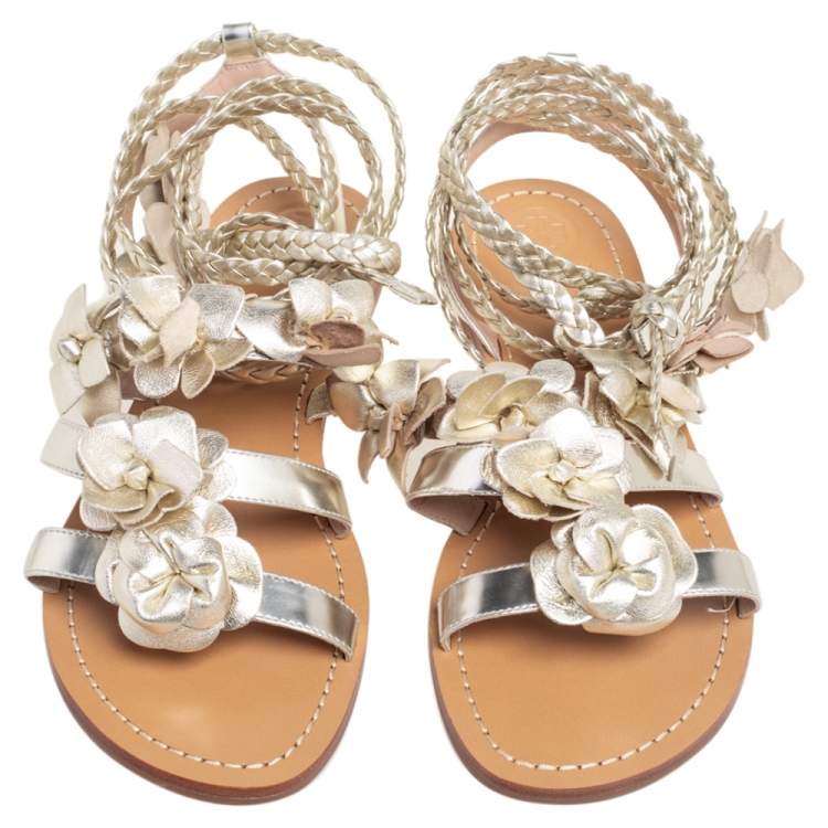 Pre Owned Tory Burch Pale Gold Leather Blossom Floral Embellished Gladiator Sandals Size 39
