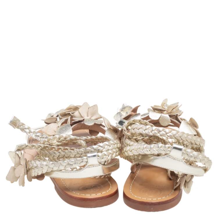 Pre Owned Tory Burch Pale Gold Leather Blossom Floral Embellished Gladiator Sandals Size 39
