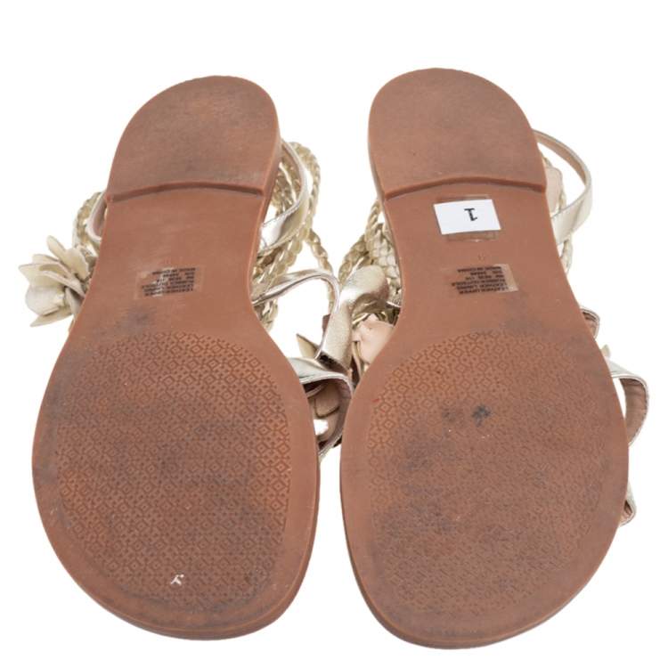 Pre Owned Tory Burch Pale Gold Leather Blossom Floral Embellished Gladiator Sandals Size 39