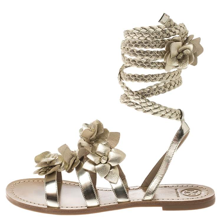 Pre Owned Tory Burch Pale Gold Leather Blossom Floral Embellished Gladiator Sandals Size 39