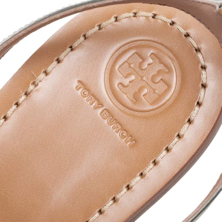 Pre Owned Tory Burch Pale Gold Leather Blossom Floral Embellished Gladiator Sandals Size 39