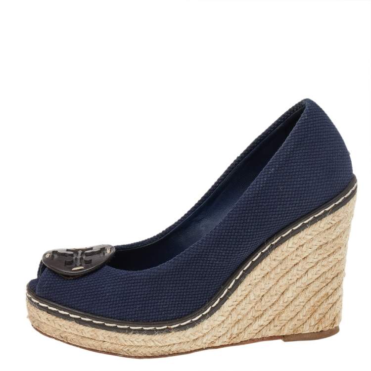 Pre Owned Tory Burch Blue Canvas Peep Toe Wedge Espadrille Platform Pumps Size 36.5
