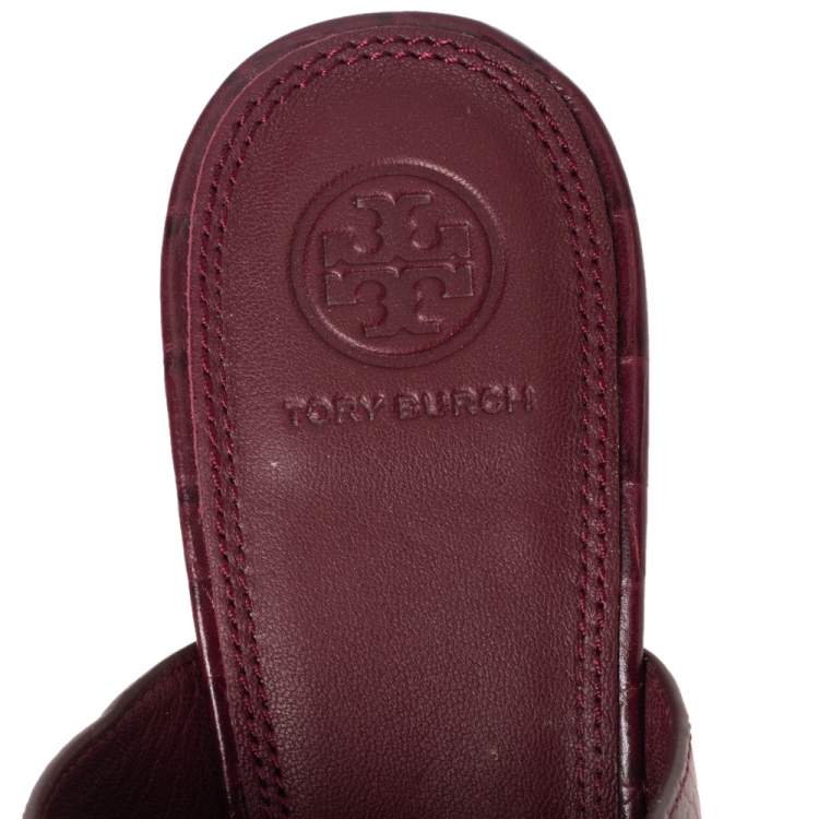 Pre Owned Tory Burch Burgundy Croc Embossed Leather Salinas Peep Toe Sandals Size 38