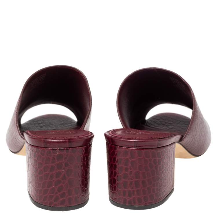 Pre Owned Tory Burch Burgundy Croc Embossed Leather Salinas Peep Toe Sandals Size 38