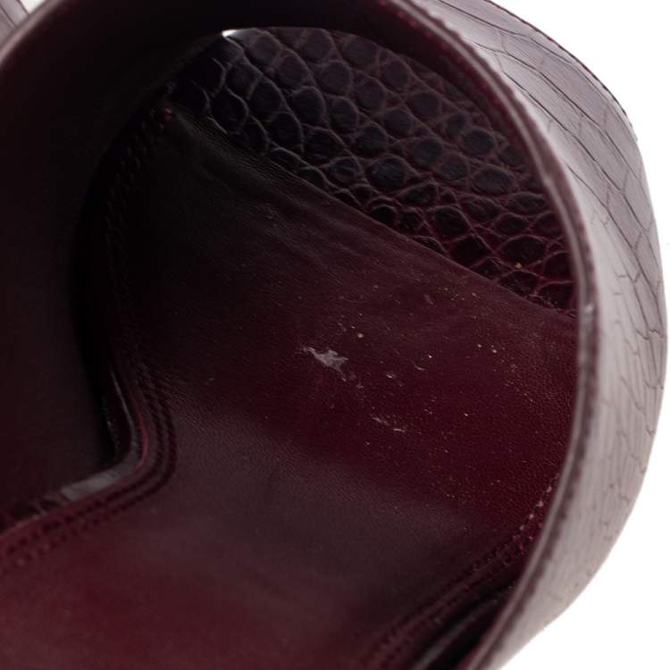 Pre Owned Tory Burch Burgundy Croc Embossed Leather Salinas Peep Toe Sandals Size 38