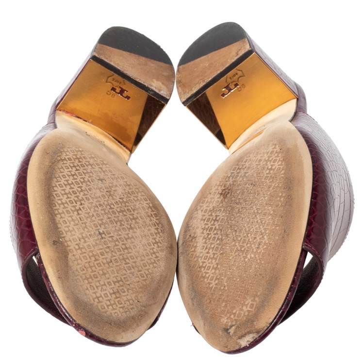 Pre Owned Tory Burch Burgundy Croc Embossed Leather Salinas Peep Toe Sandals Size 38