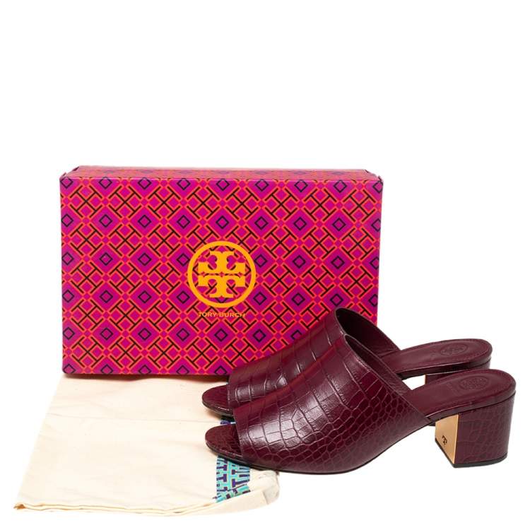 Pre Owned Tory Burch Burgundy Croc Embossed Leather Salinas Peep Toe Sandals Size 38