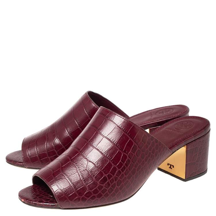 Pre Owned Tory Burch Burgundy Croc Embossed Leather Salinas Peep Toe Sandals Size 38