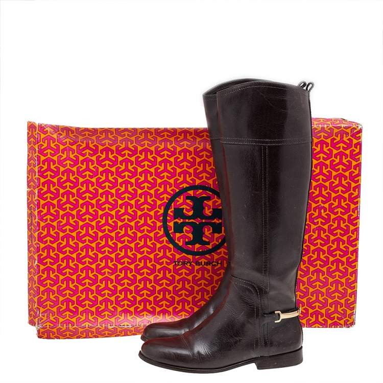 مملوكة مسبقًا Tory Burch Brown Leather Mid Calf Boots Size 37