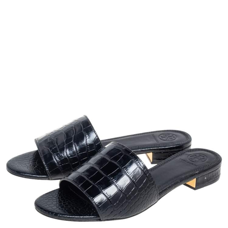 Pre Owned Tory Burch Black Croc Embossed Leather Martine Slide Sandals Size 37.5