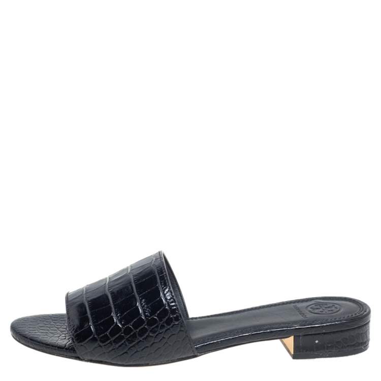 Pre Owned Tory Burch Black Croc Embossed Leather Martine Slide Sandals Size 37.5