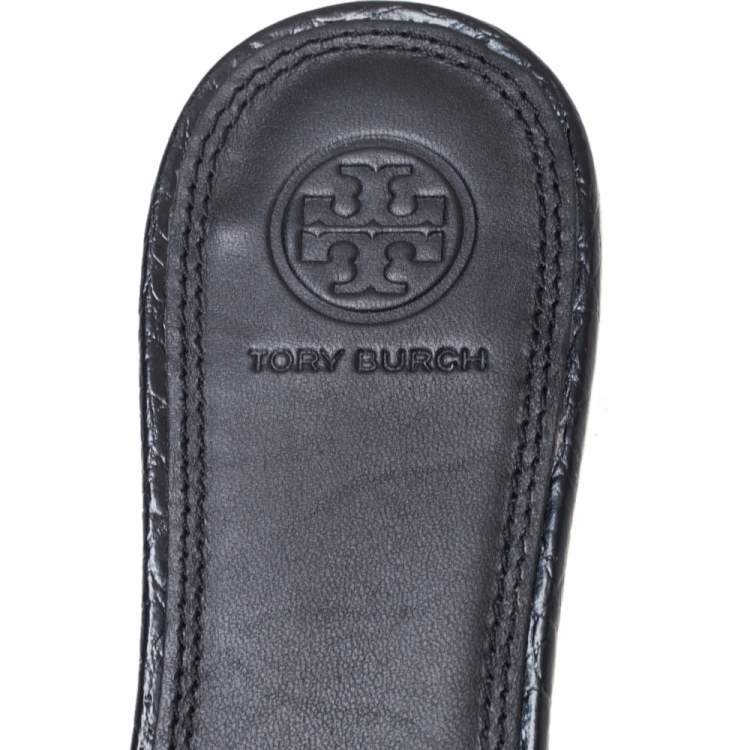 Pre Owned Tory Burch Black Croc Embossed Leather Martine Slide Sandals Size 37.5