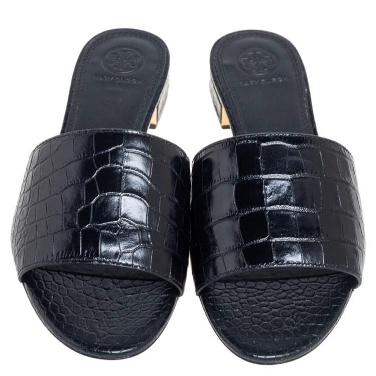 Pre Owned Tory Burch Black Croc Embossed Leather Martine Slide Sandals Size 37.5