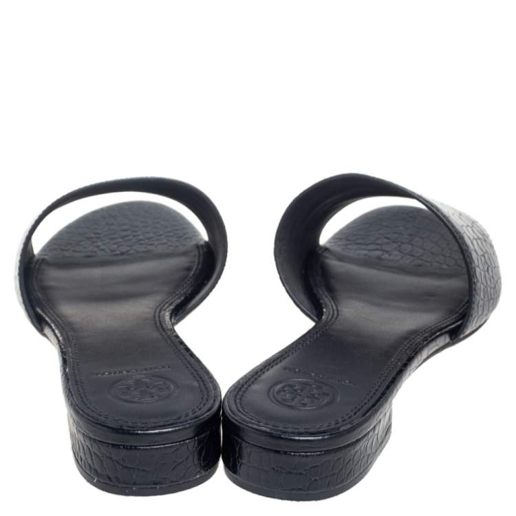 Pre Owned Tory Burch Black Croc Embossed Leather Martine Slide Sandals Size 37.5