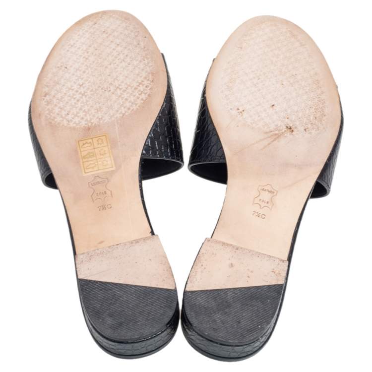 Pre Owned Tory Burch Black Croc Embossed Leather Martine Slide Sandals Size 37.5