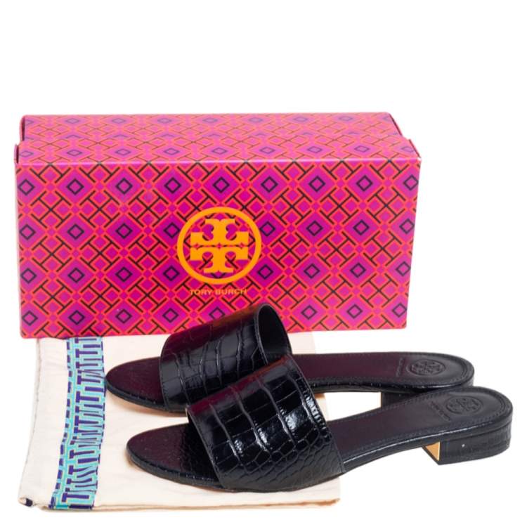 Pre Owned Tory Burch Black Croc Embossed Leather Martine Slide Sandals Size 37.5