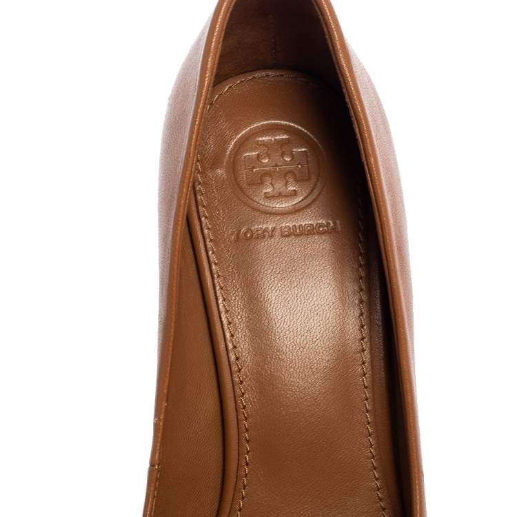 Pre Owned Tory Burch Brown Leather Sophie Embellished Wedge Pumps Size 37.5