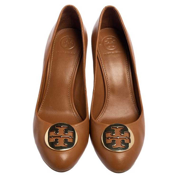 Pre Owned Tory Burch Brown Leather Sophie Embellished Wedge Pumps Size 37.5