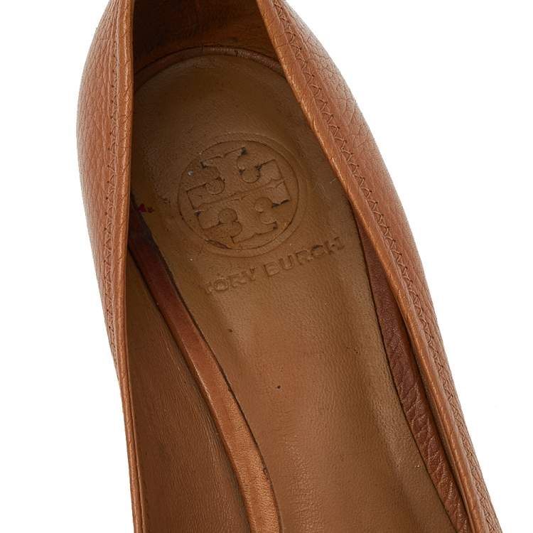 Pre Owned Tory Burch Brown Leather Peep Toe Wedge Pumps Size 38.5