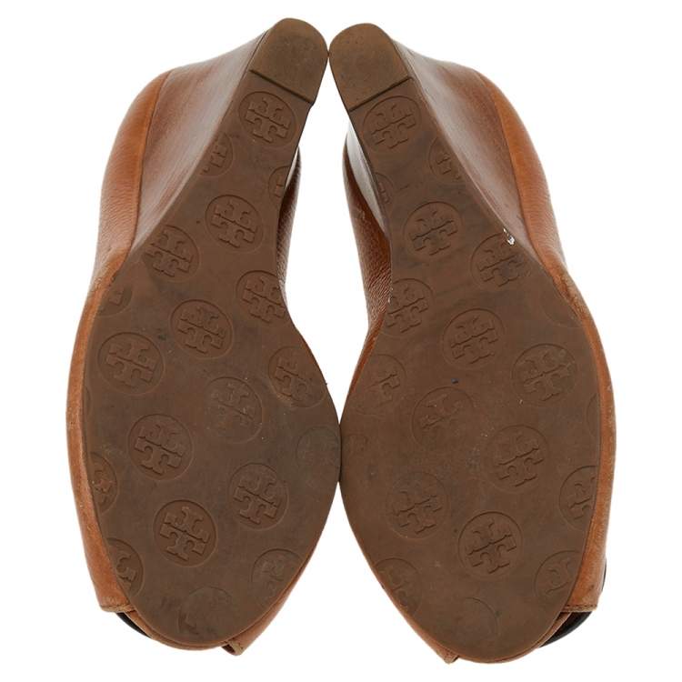 Pre Owned Tory Burch Brown Leather Peep Toe Wedge Pumps Size 38.5