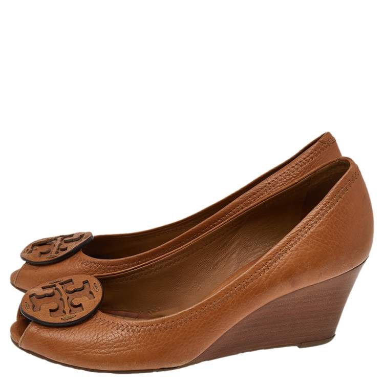 Pre Owned Tory Burch Brown Leather Peep Toe Wedge Pumps Size 38.5