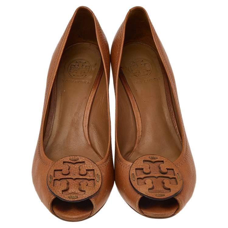 Pre Owned Tory Burch Brown Leather Peep Toe Wedge Pumps Size 38.5