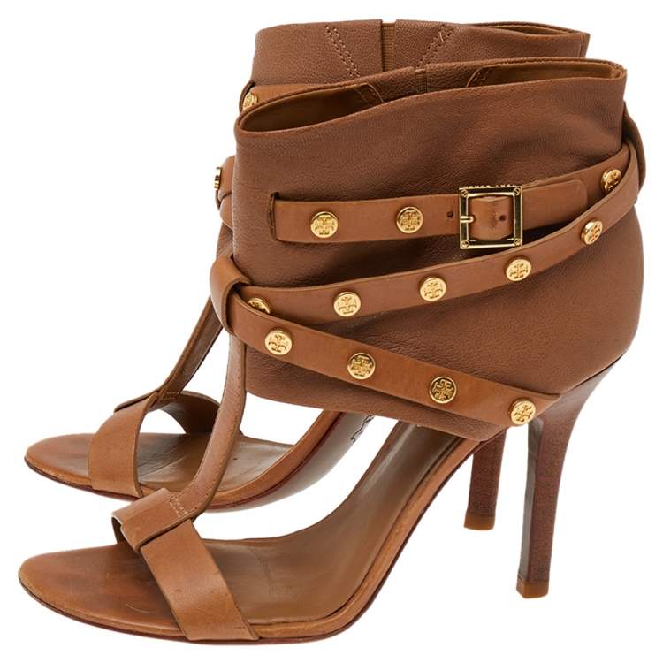 Pre Owned Tory Burch Brown Leather Honey T Graham T-Strap Booties Size 38