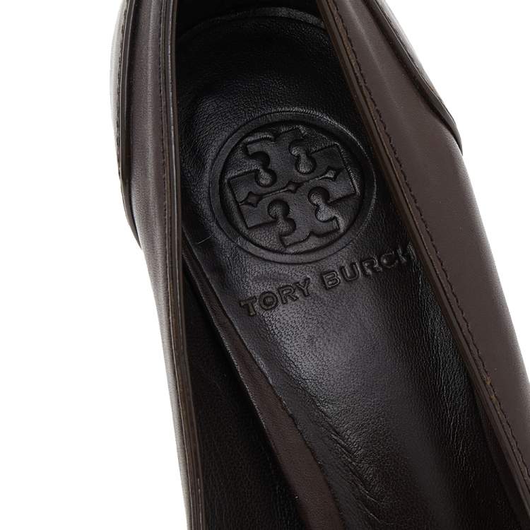 Pre Owned Tory Burch Brown Leather Block Heel Pumps Size 38