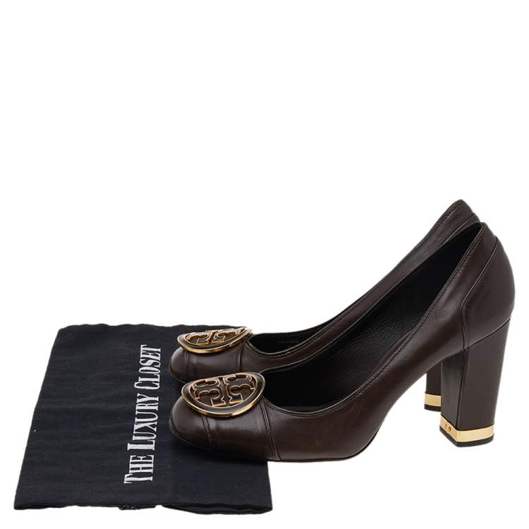 Pre Owned Tory Burch Brown Leather Block Heel Pumps Size 38